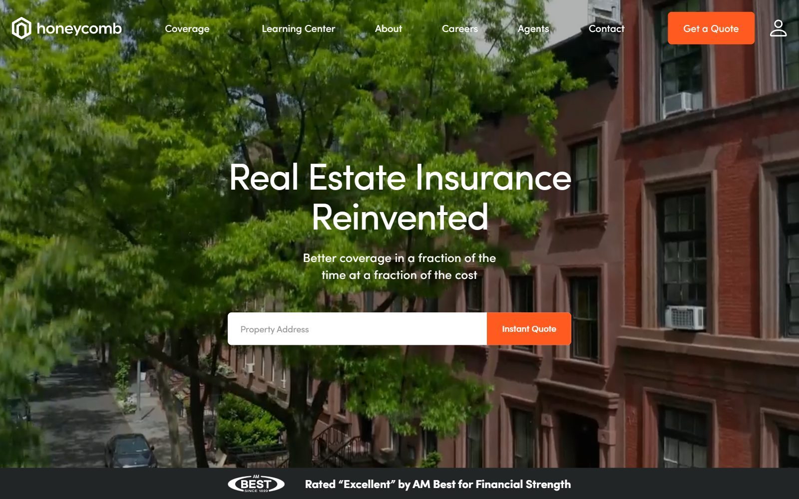 Honeycomb real estate insurance homepage screenshot (October 2026)