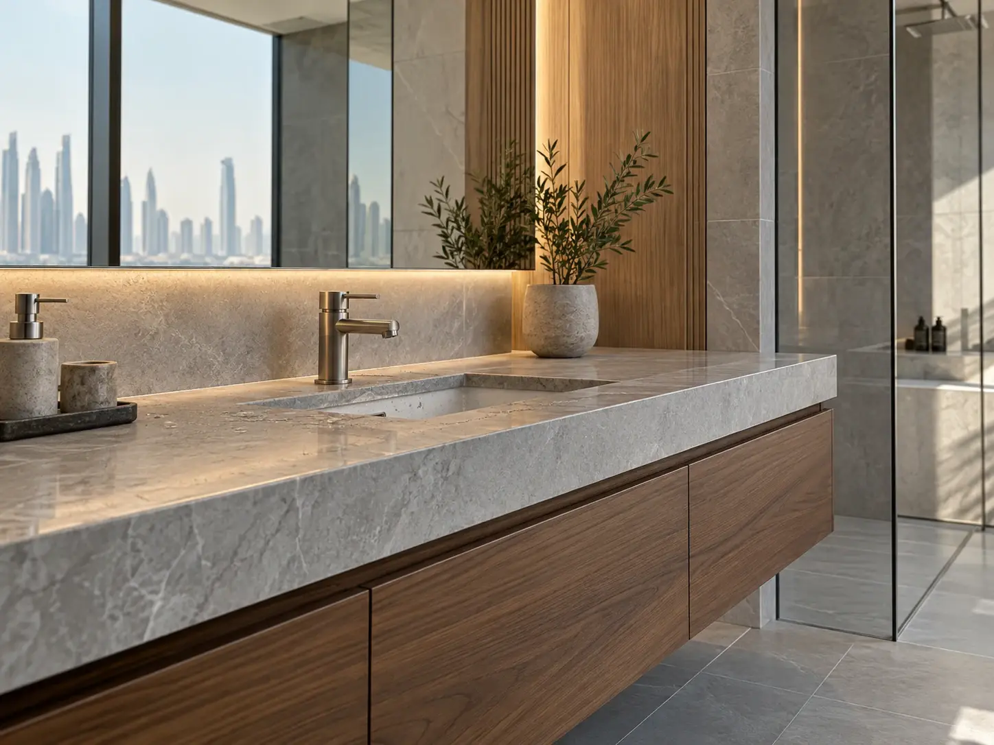 Careful tile, stone and joinery details around a bathroom vanity