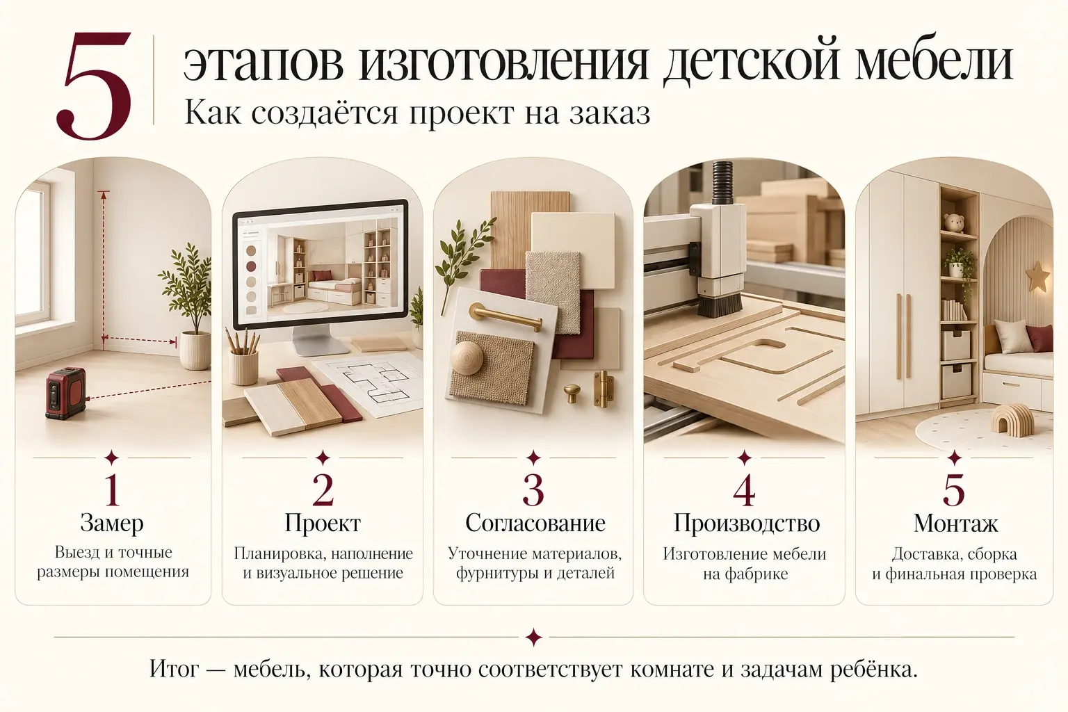 Инфографика: пять этапов изготовления детской мебели — замер, проект, согласование, производство и монтаж