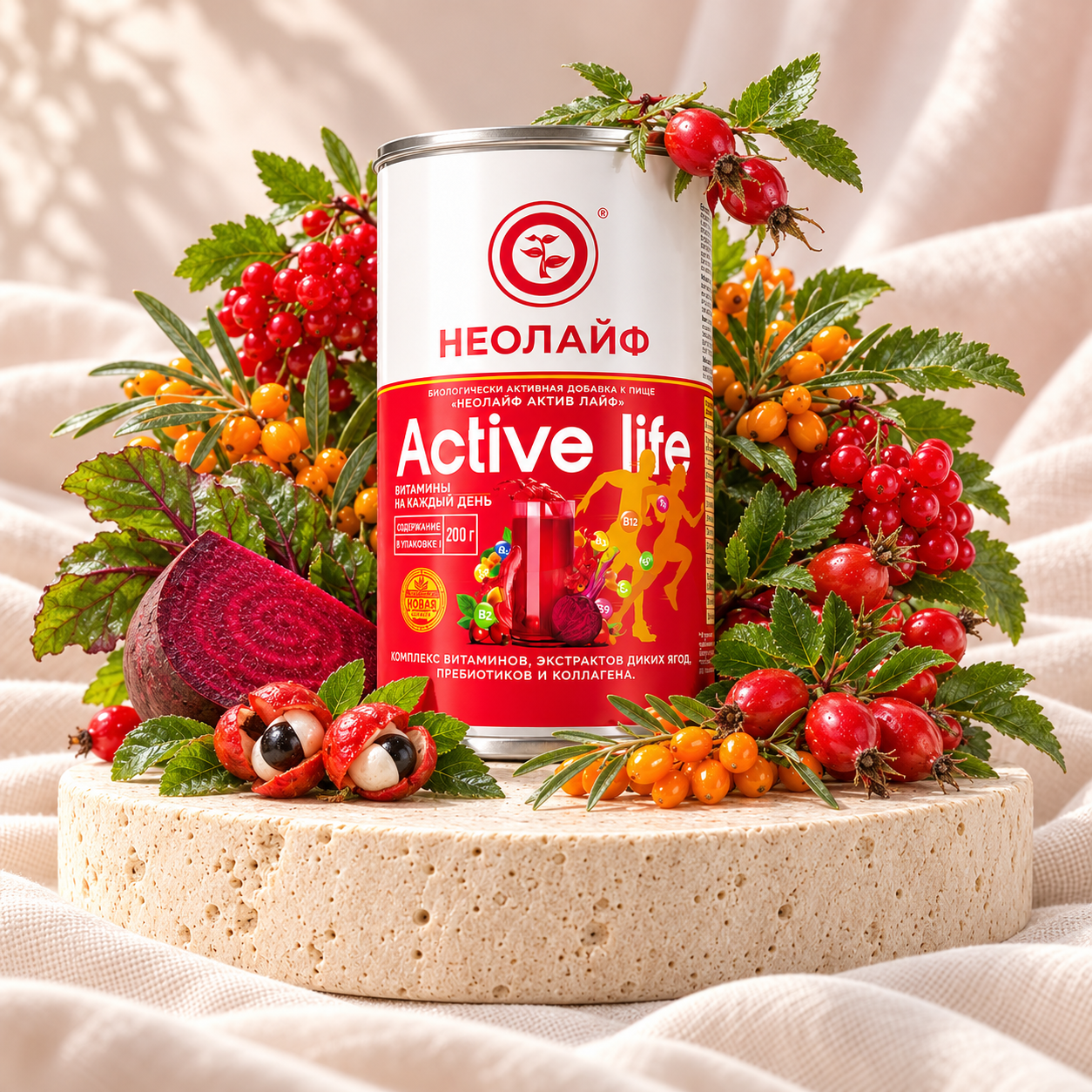 ACTIVE LIFE на каменной подставке с ингредиентами состава