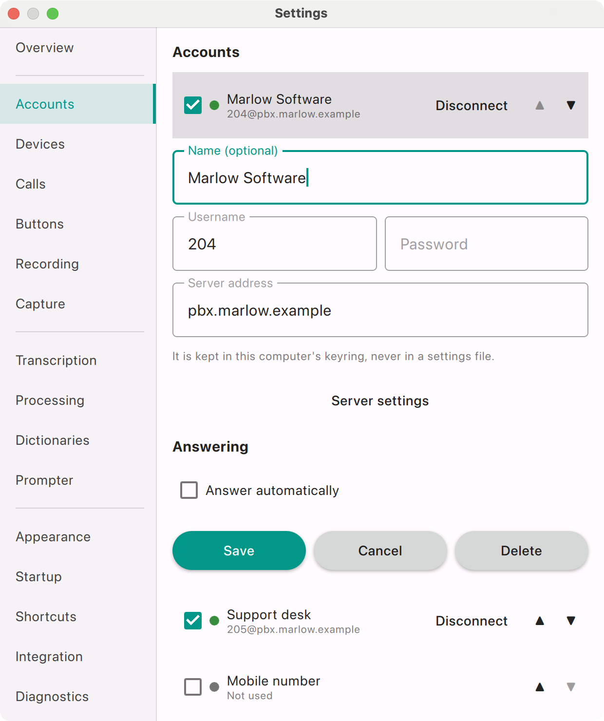 AI Softphone account settings: username 204, password and server address of the PBX, with two registered accounts