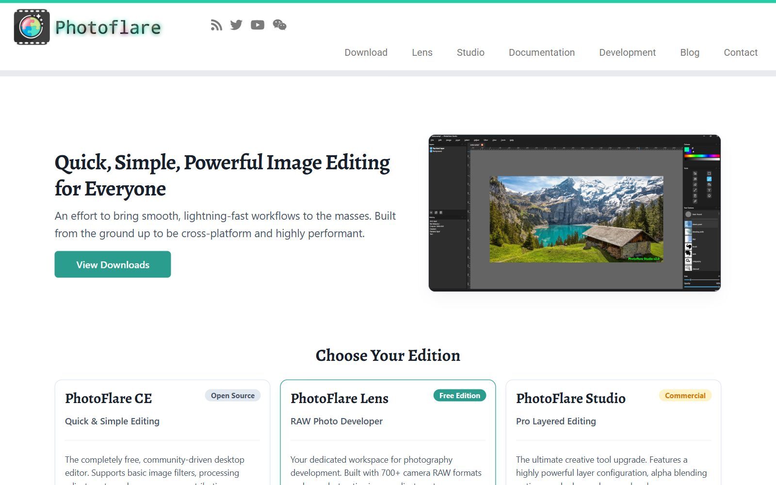 Photoflare homepage screenshot showing the CE, Lens and Studio editions (October 2026)