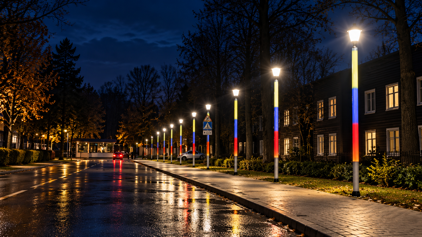 Световые столбики на городском проспекте вечером