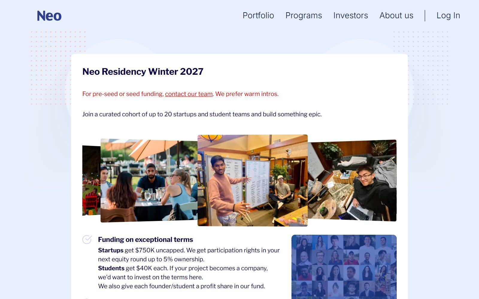 Neo Residency Winter 2027 page screenshot showing $750K uncapped for startups (October 2026)