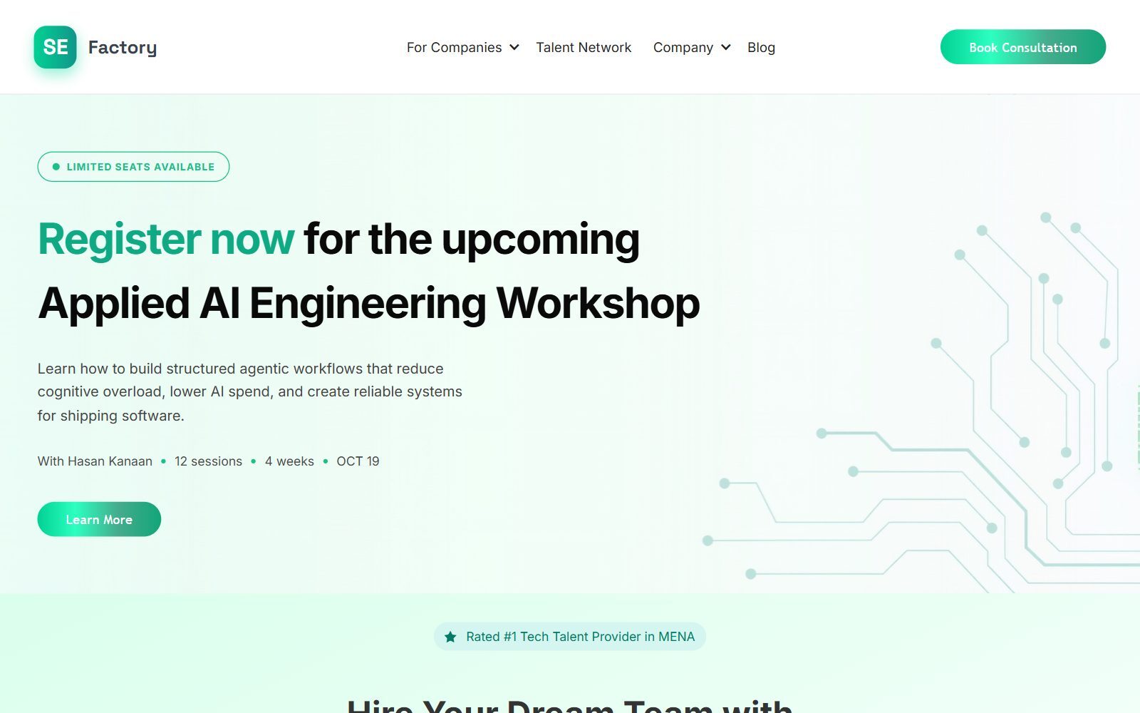 SE Factory homepage screenshot (October 2026)