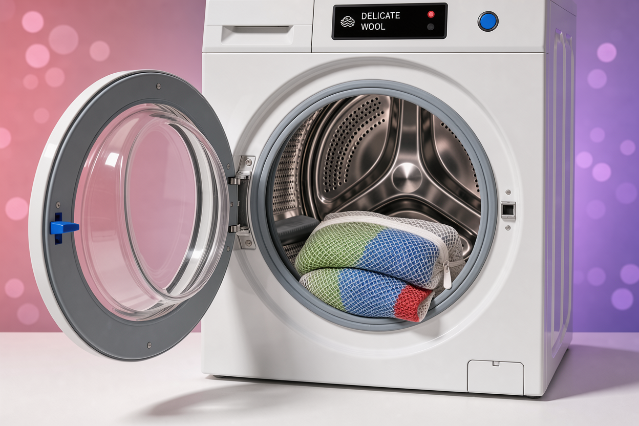 A washing machine drum with a knitted garment inside a mesh laundry bag on a delicate wool cycle, viewed through the open door