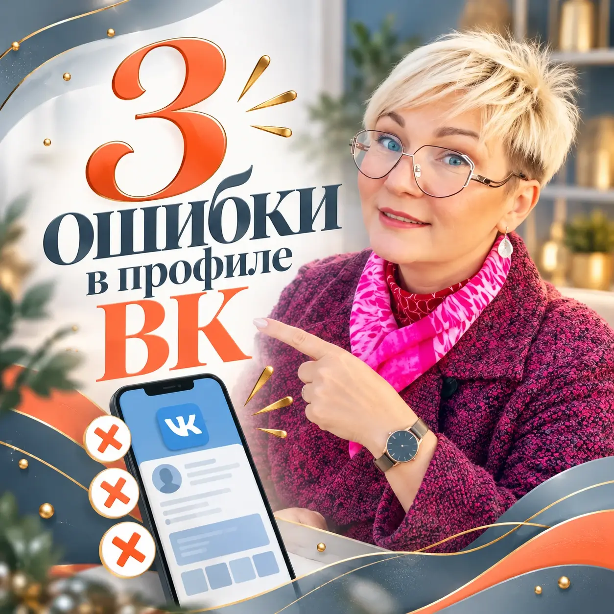 Наталья Груздева указывает на заголовок «3 ошибки в профиле ВК» на баннере, созданном в ChatGPT.