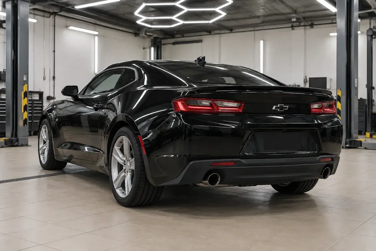Иллюстрация: чёрный Camaro, вид сзади
