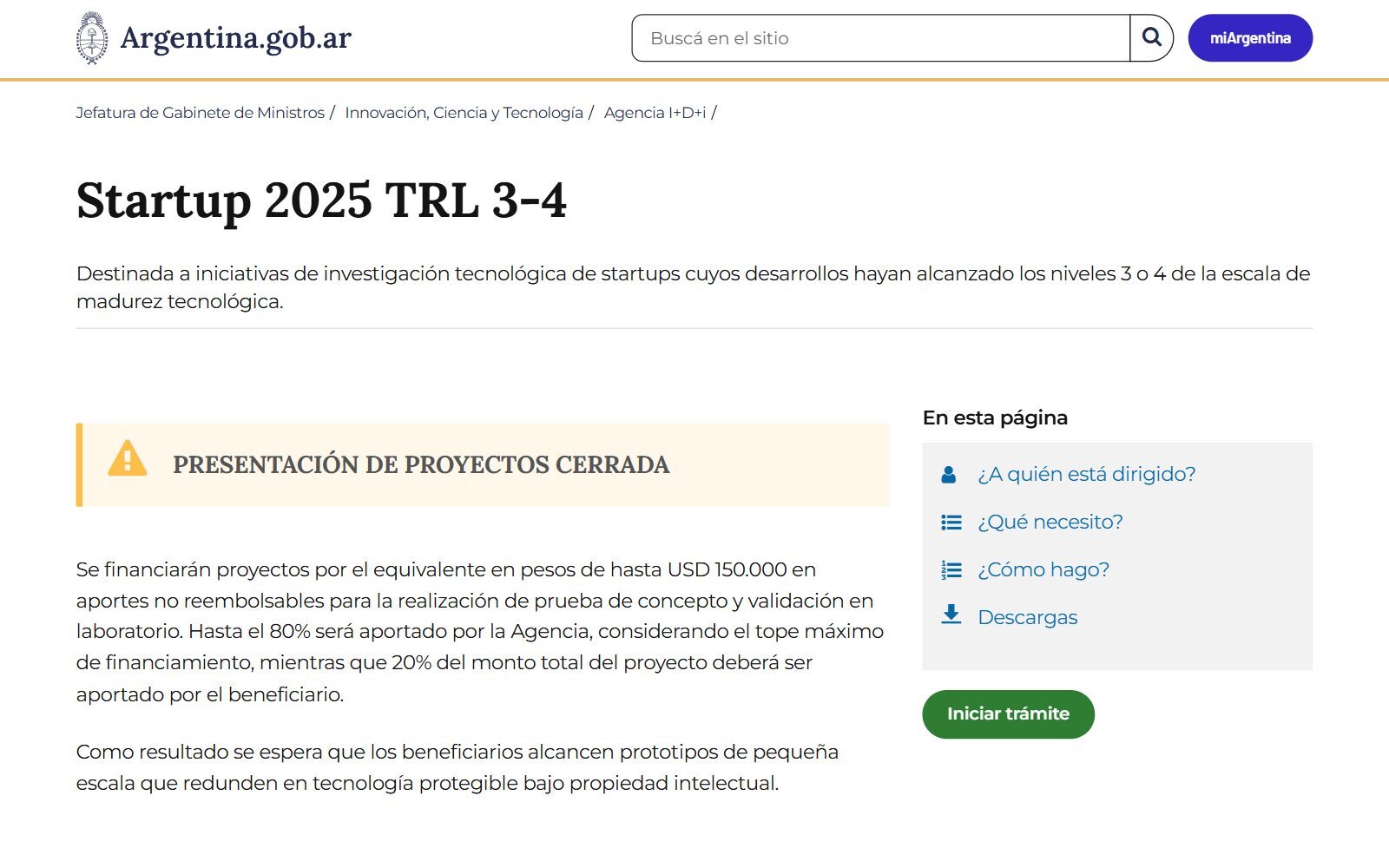 Agencia I+D+i Startup 2025 TRL 3-4 call page on argentina.gob.ar with up to USD 150,000 non-reimbursable, marked closed, screenshot (October 2026)