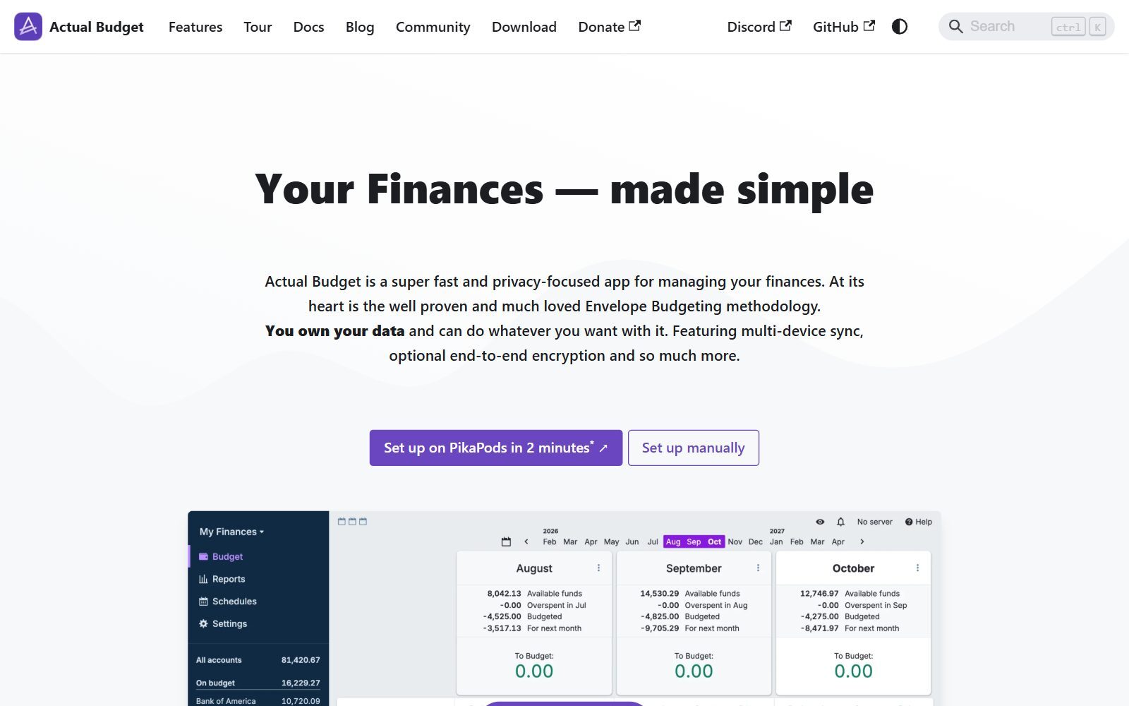 Actual Budget homepage screenshot (October 2026)
