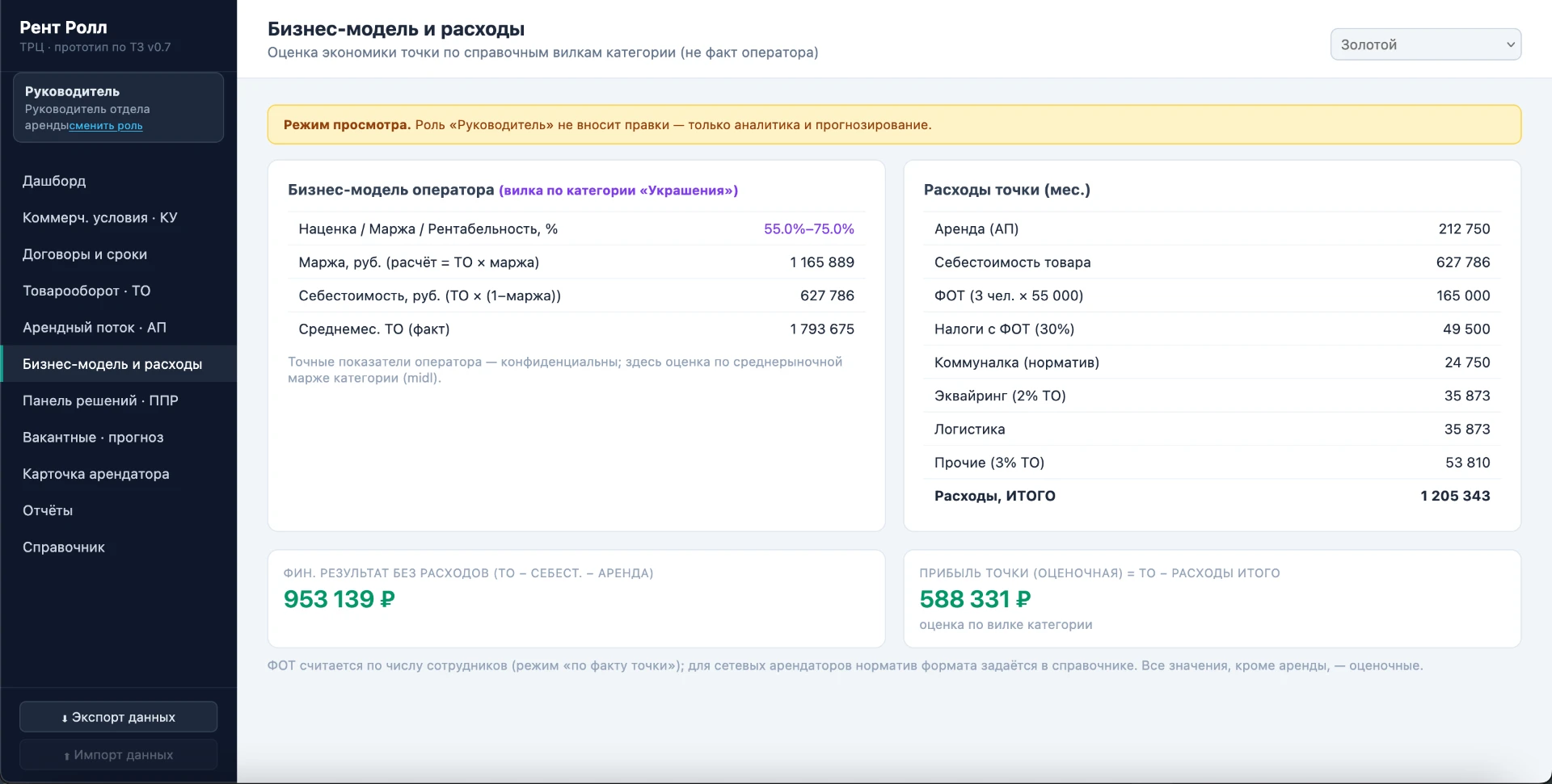 Оценочная экономика точки: расчёт по справочным параметрам категории.