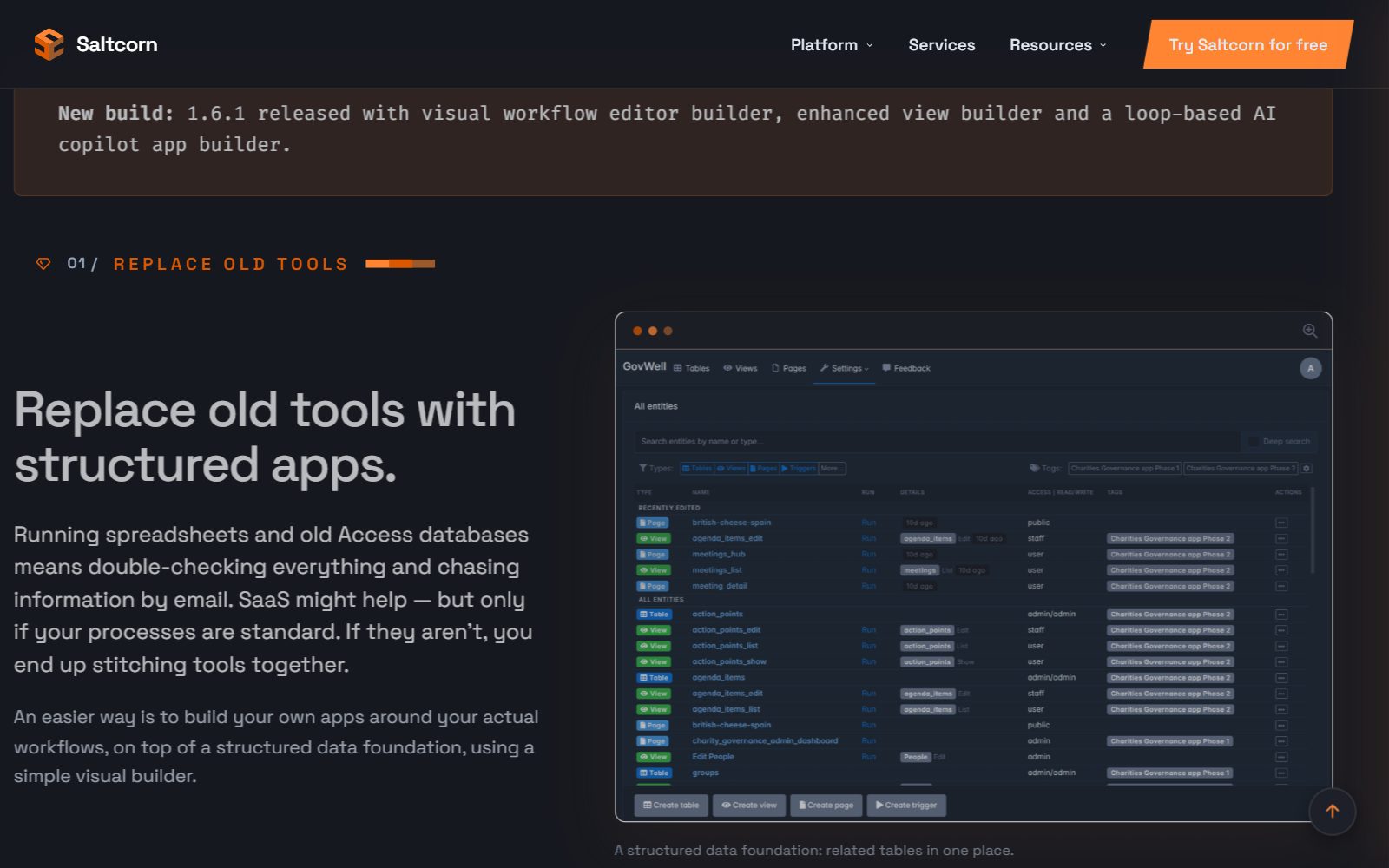 Saltcorn homepage screenshot (October 2026)