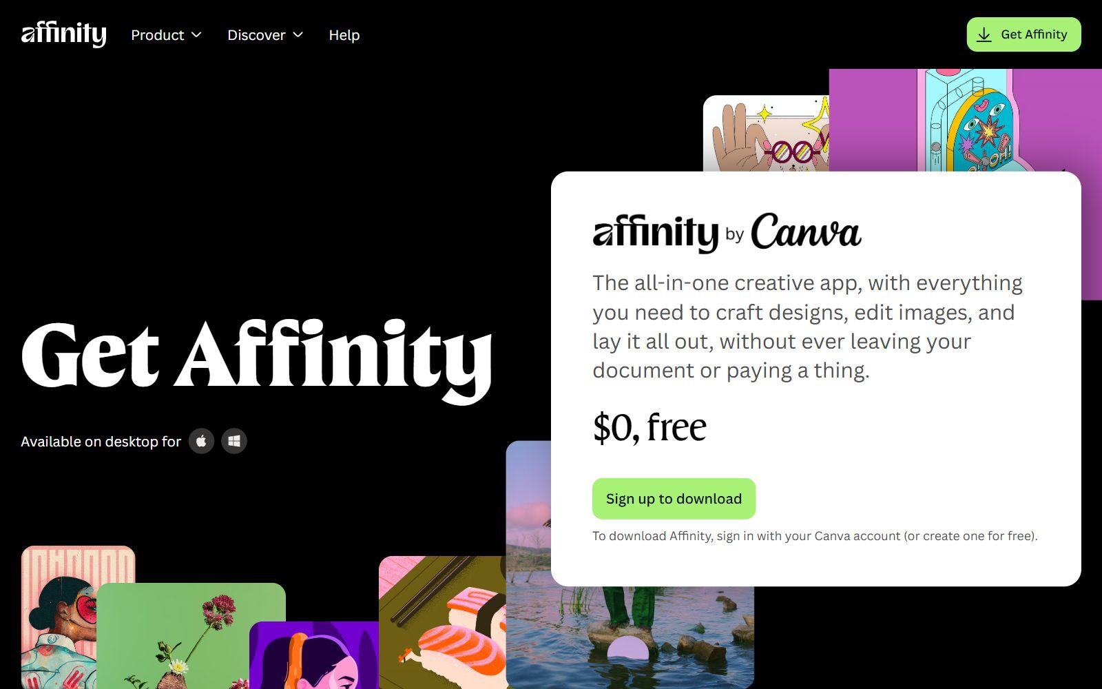 Affinity by Canva download page screenshot showing the free price (October 2026)