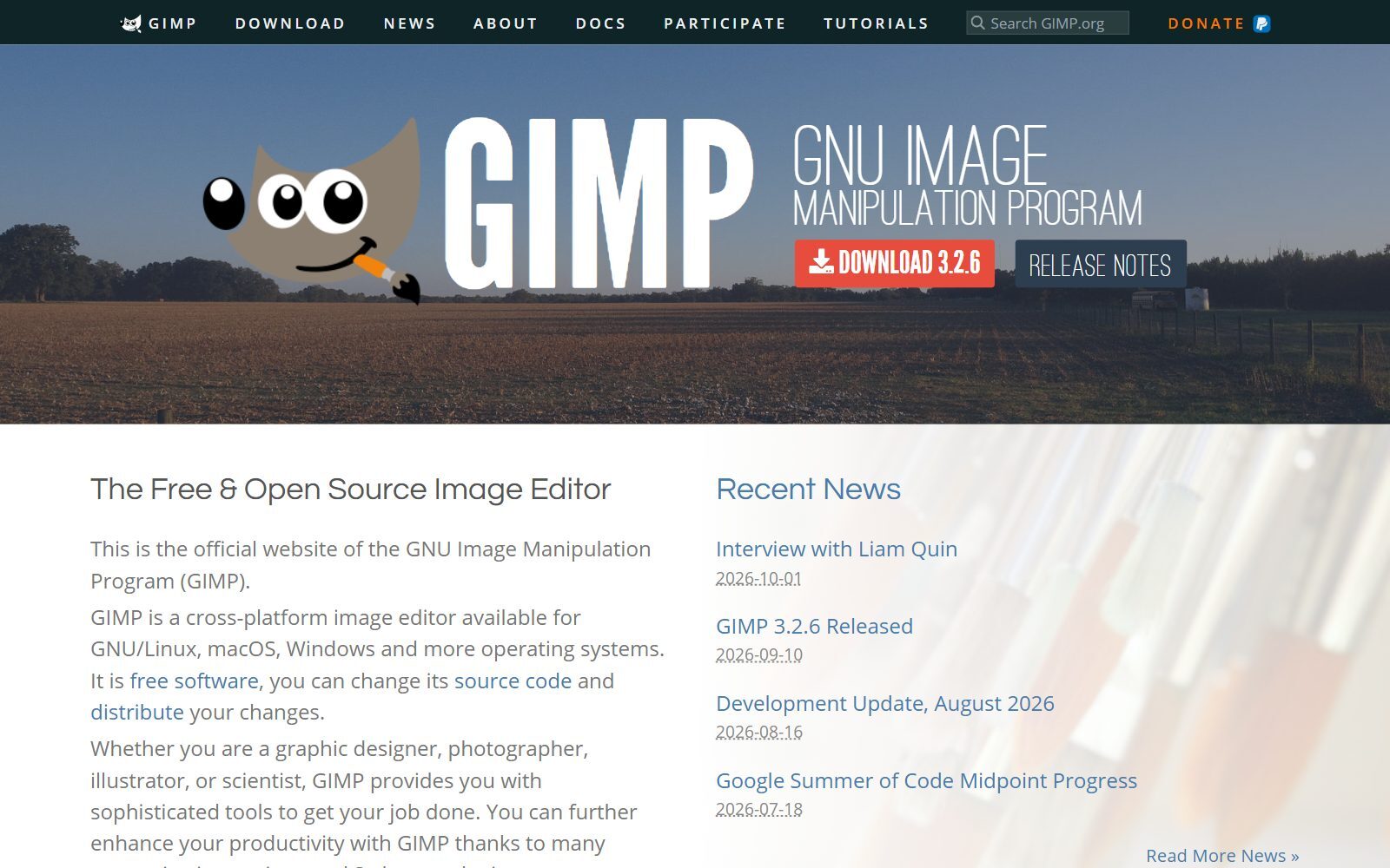 GIMP homepage screenshot (October 2026)