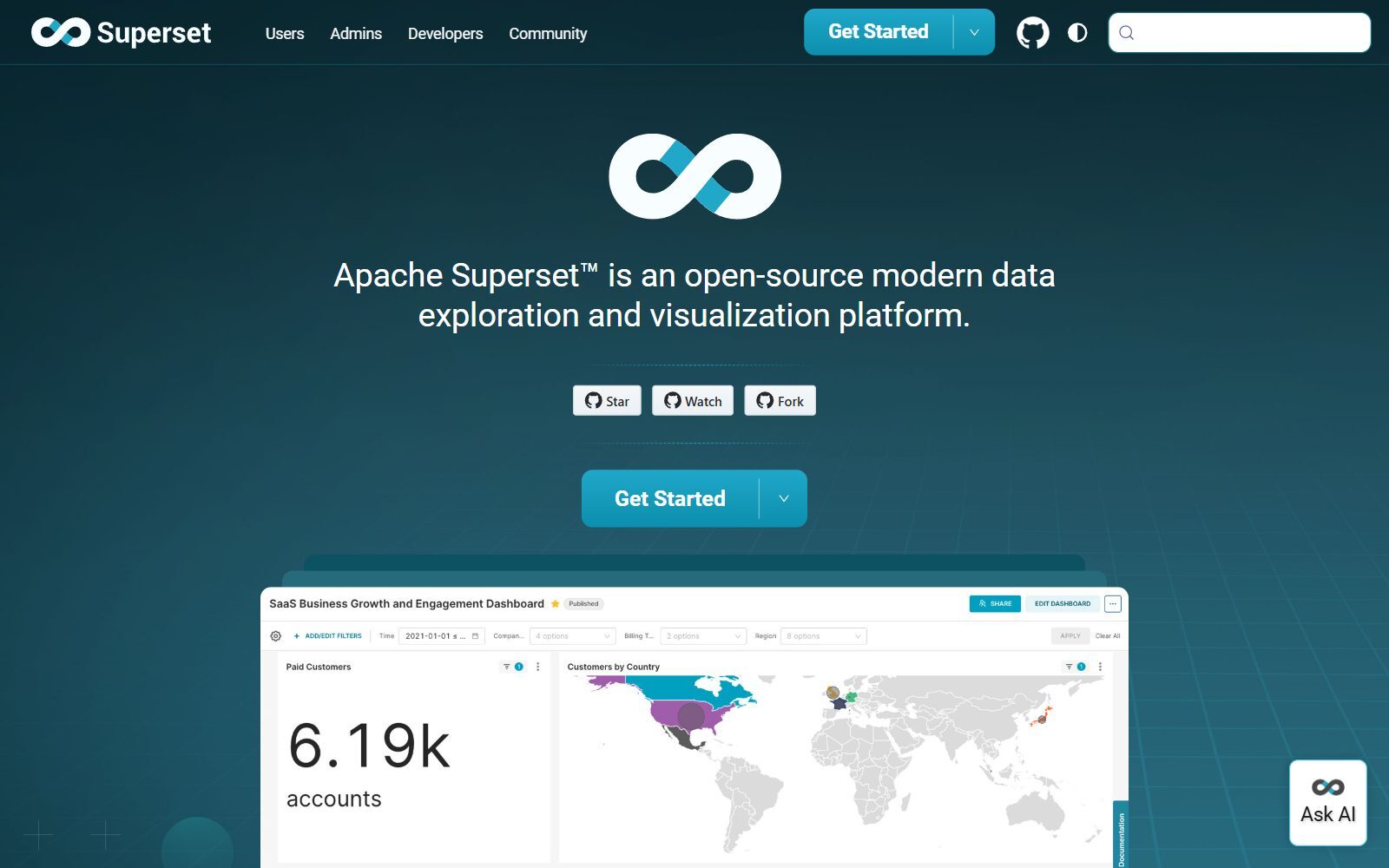 Apache Superset homepage screenshot (October 2026)