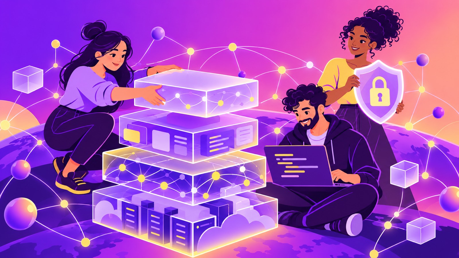 NGI open call illustration: open-source founders building a layered open internet stack with a security shield