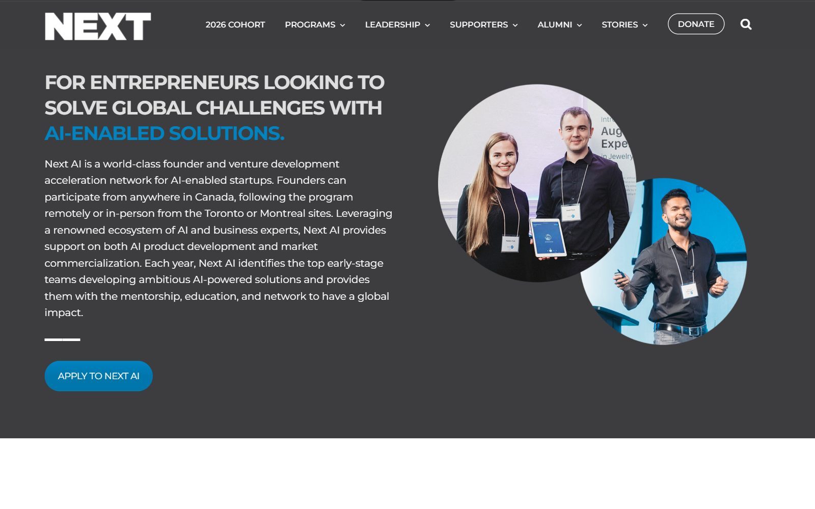 NEXT AI homepage screenshot, the Canadian accelerator for AI-enabled startups (October 2026)