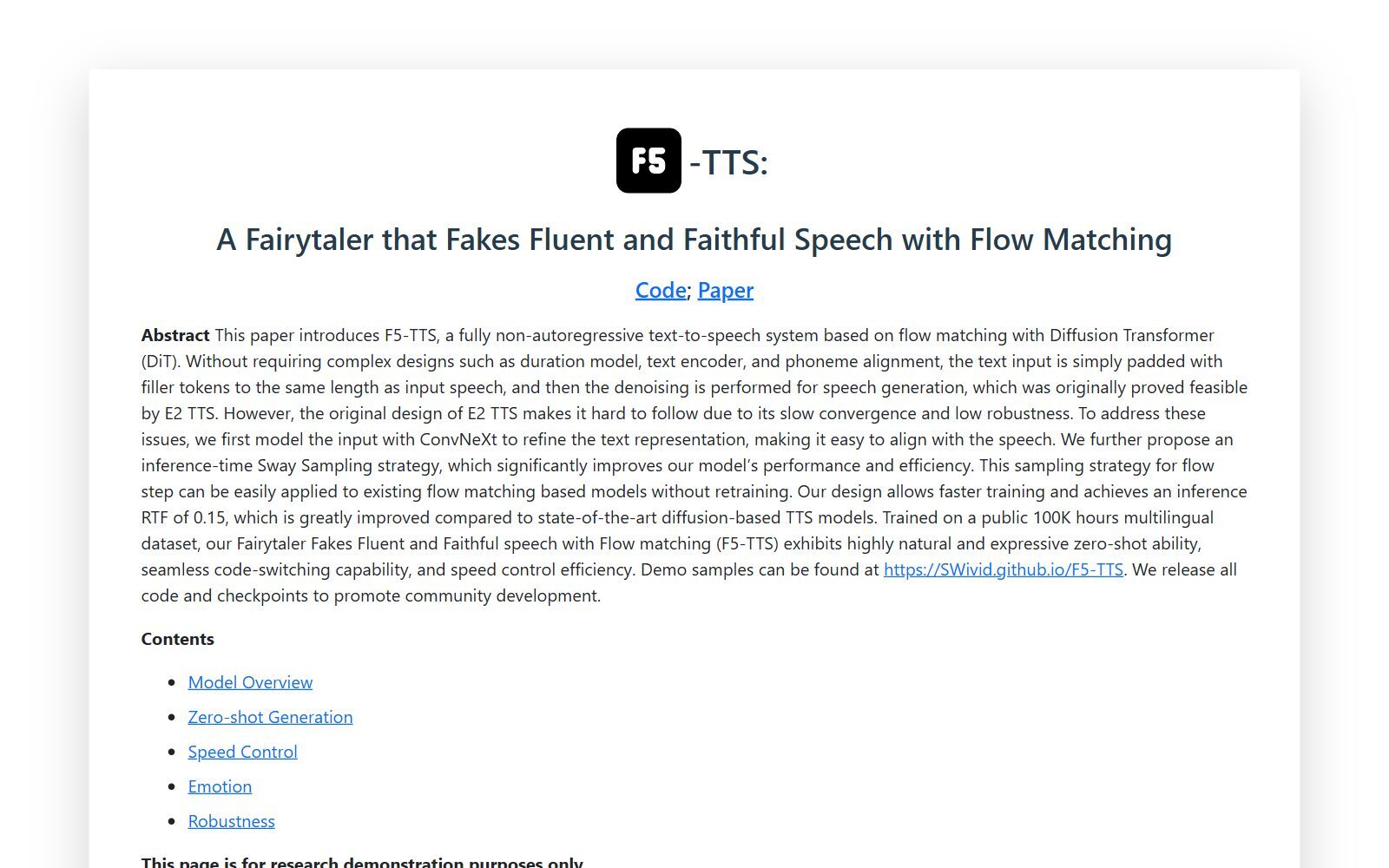 F5-TTS flow matching text-to-speech demo page (October 2026)