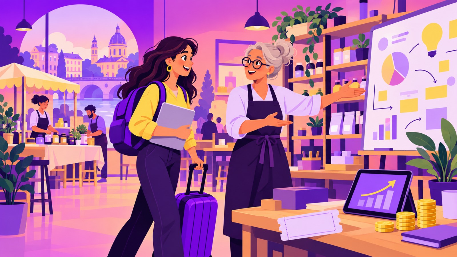 Erasmus for Young Entrepreneurs illustration: a new founder with a backpack and suitcase arriving at a host entrepreneur's shop abroad, who shows her a business plan board, with coins and a growth chart on a tablet