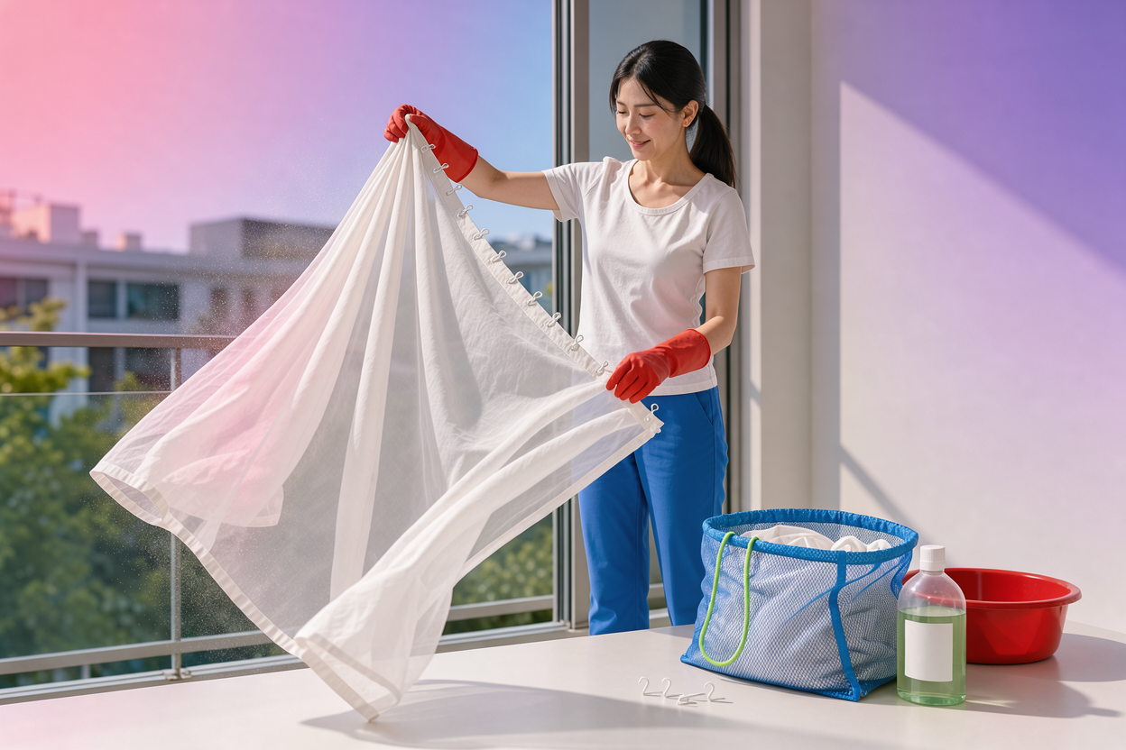 Person holding a sheer curtain on a balcony, shaking out dust and removing hooks, next to a mesh laundry bag and a bottle of mild liquid detergent (no brand visible)