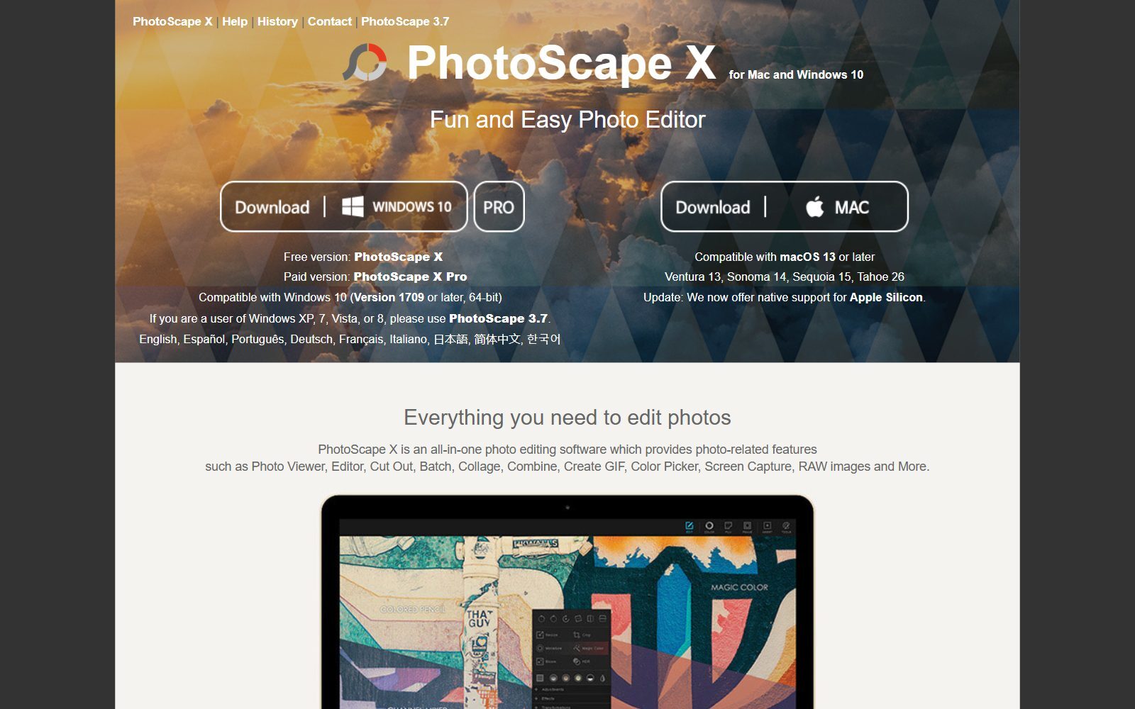 PhotoScape X homepage screenshot (October 2026)
