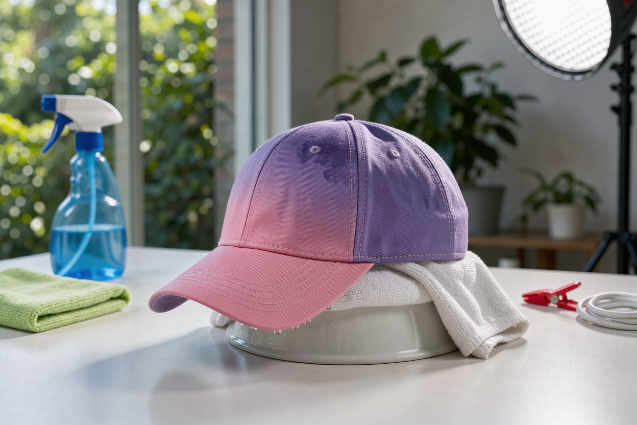 cap drying on a rounded form made from a bowl and soft towel, shaded ventilated area, gentle natural light, no visible brands