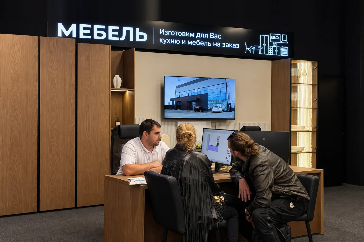 Специалист AFFORD показывает клиентам проект кухни в шоуруме
