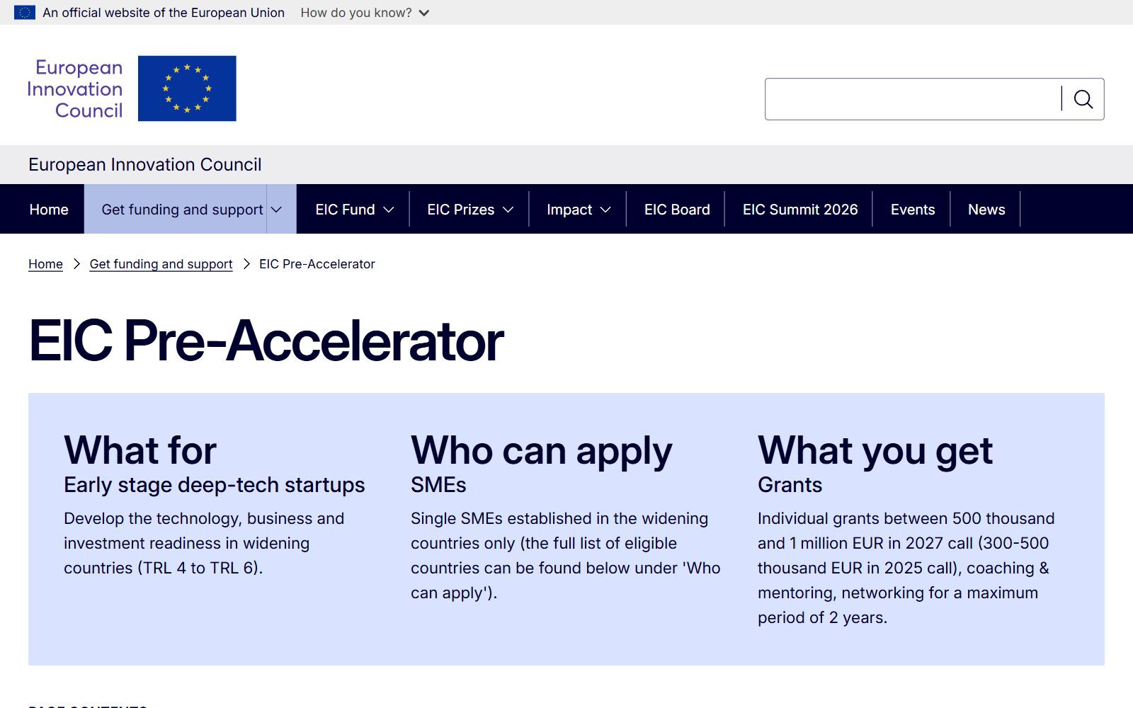 EIC Pre-Accelerator official page showing grants of 500 thousand to 1 million euro in the 2027 call, screenshot (October 2026)