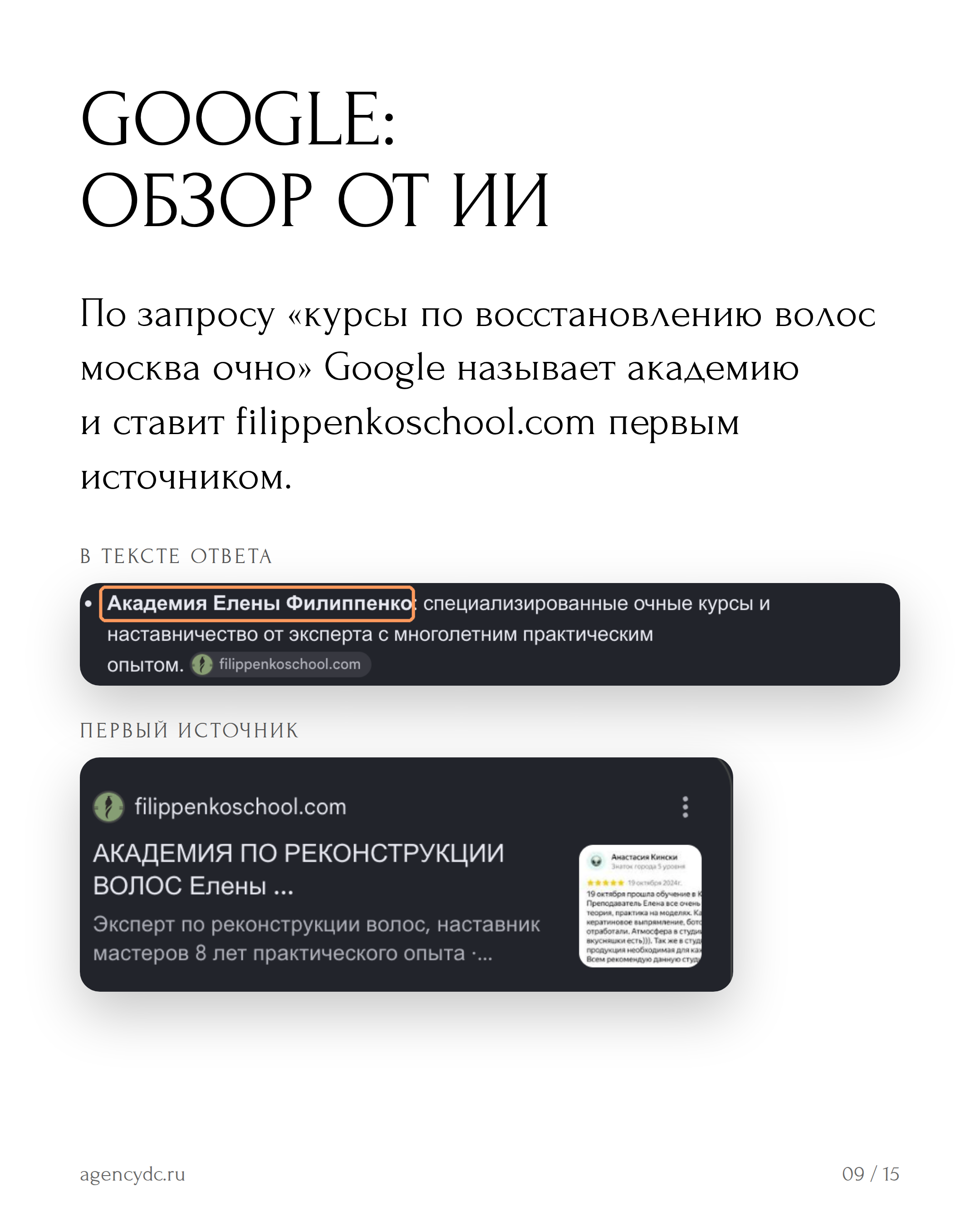 Google «Обзор от ИИ»: filippenkoschool.com первым источником по очным курсам восстановления волос