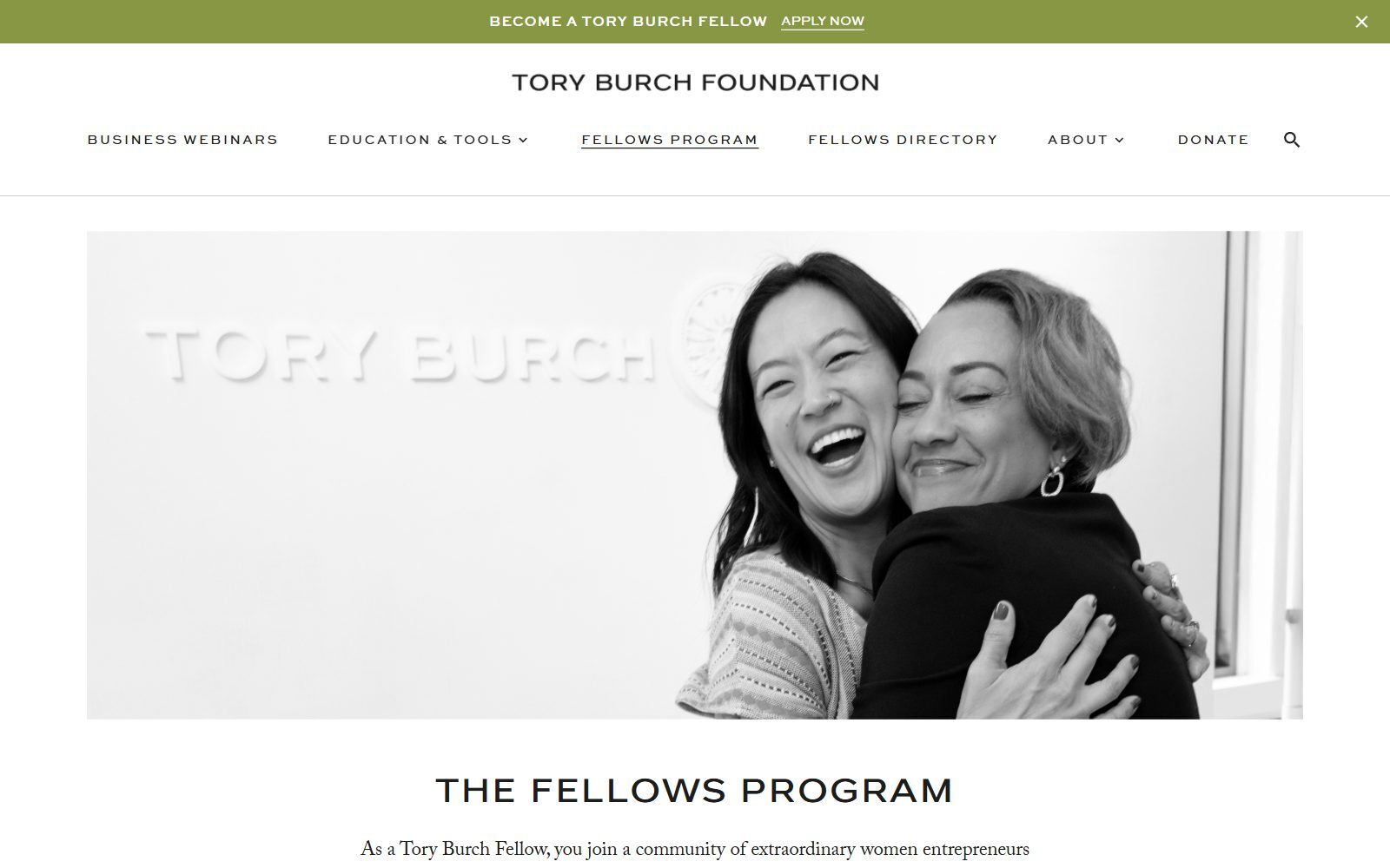 Tory Burch Foundation Fellows Program page screenshot (October 2026)