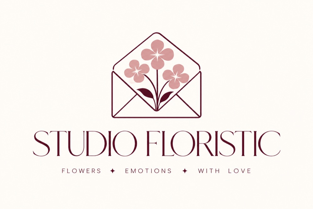 Оригинальный логотип STUDIO FLORISTIC: конверт с тремя розовыми цветами