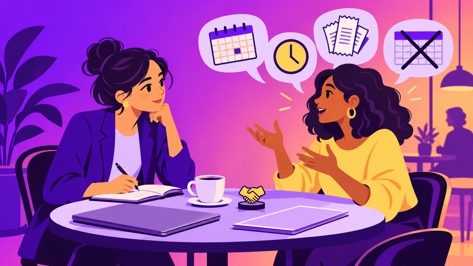 The Mom Test summary illustration: a woman founder listens and takes notes while a customer describes past events, with her laptop and pitch deck closed on a cafe table
