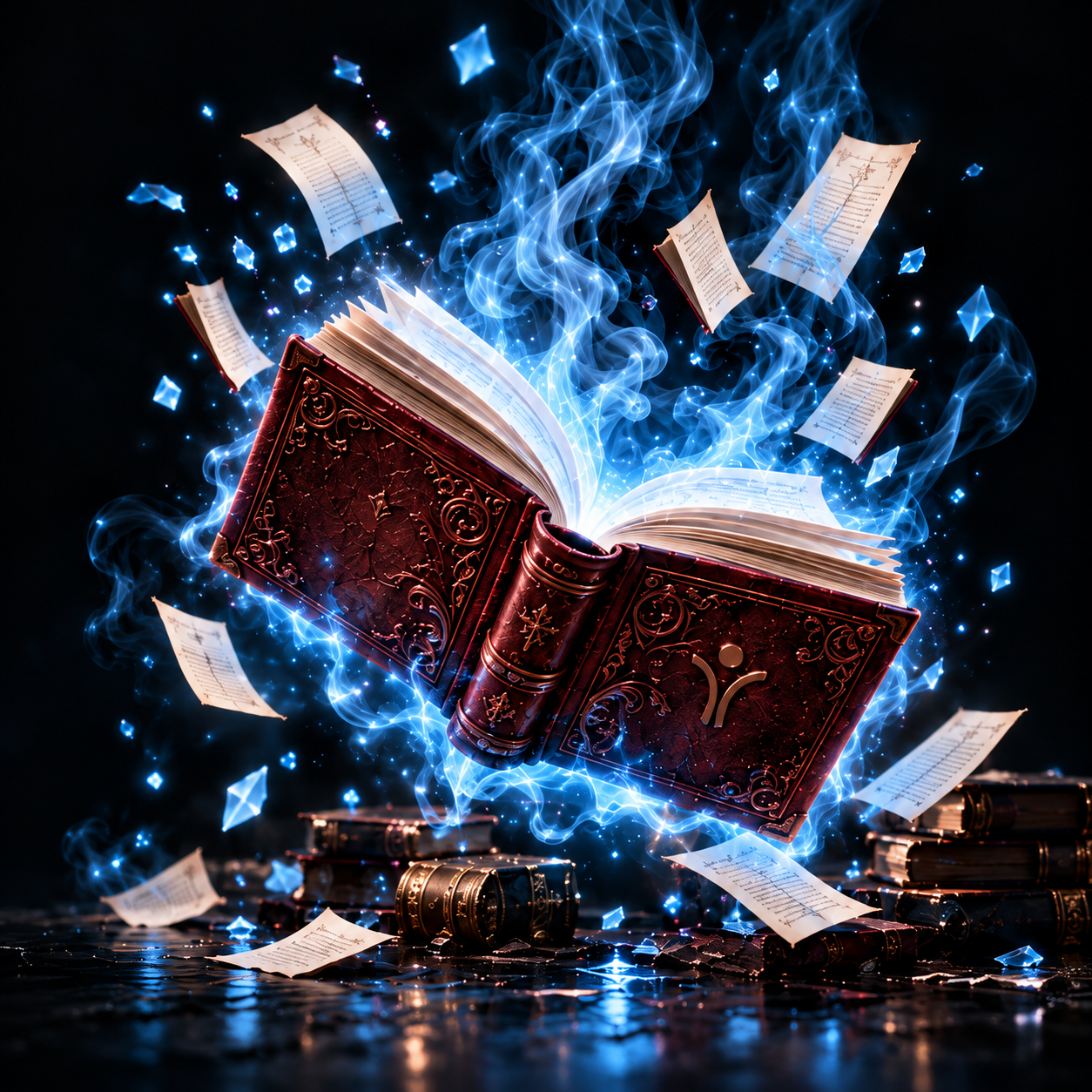 Раскрытая книга в голубом магическом свечении