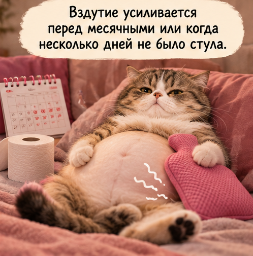 Мем: вздутие усиливается перед месячными или когда несколько дней не было стула
