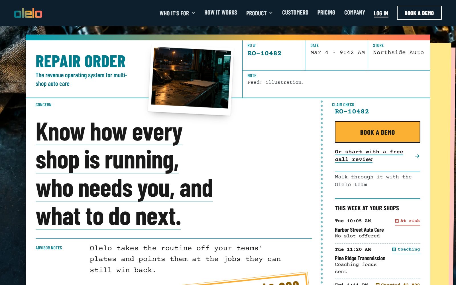 Olelo Intelligence auto repair revenue operating system homepage screenshot (October 2026)