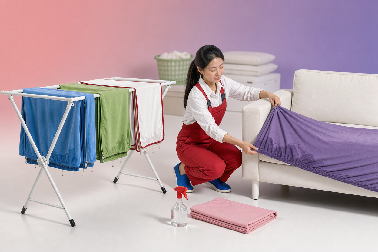 air-drying removable covers spread flat on a drying rack and another being gently pulled onto a sofa frame while still slightly damp, no brand labels