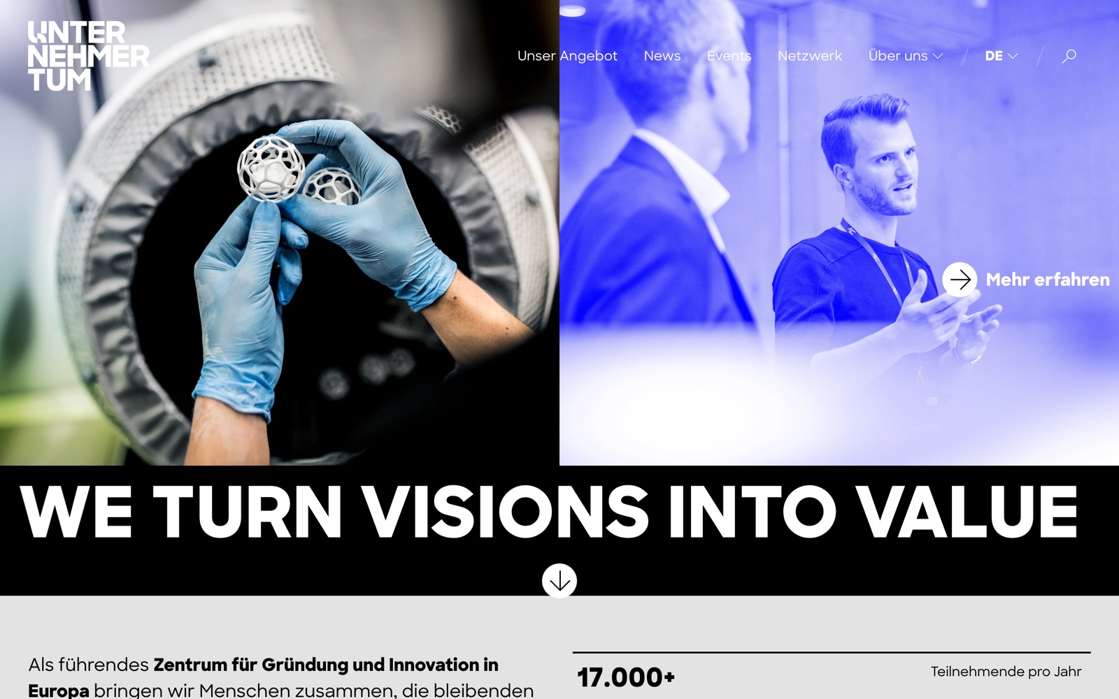 UnternehmerTUM homepage screenshot: centre for startups and innovation in Munich