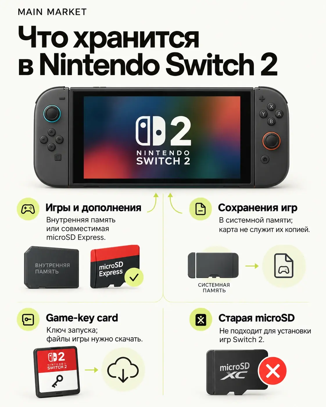 Память Nintendo Switch 2: microSD Express, game-key cards и сохранения