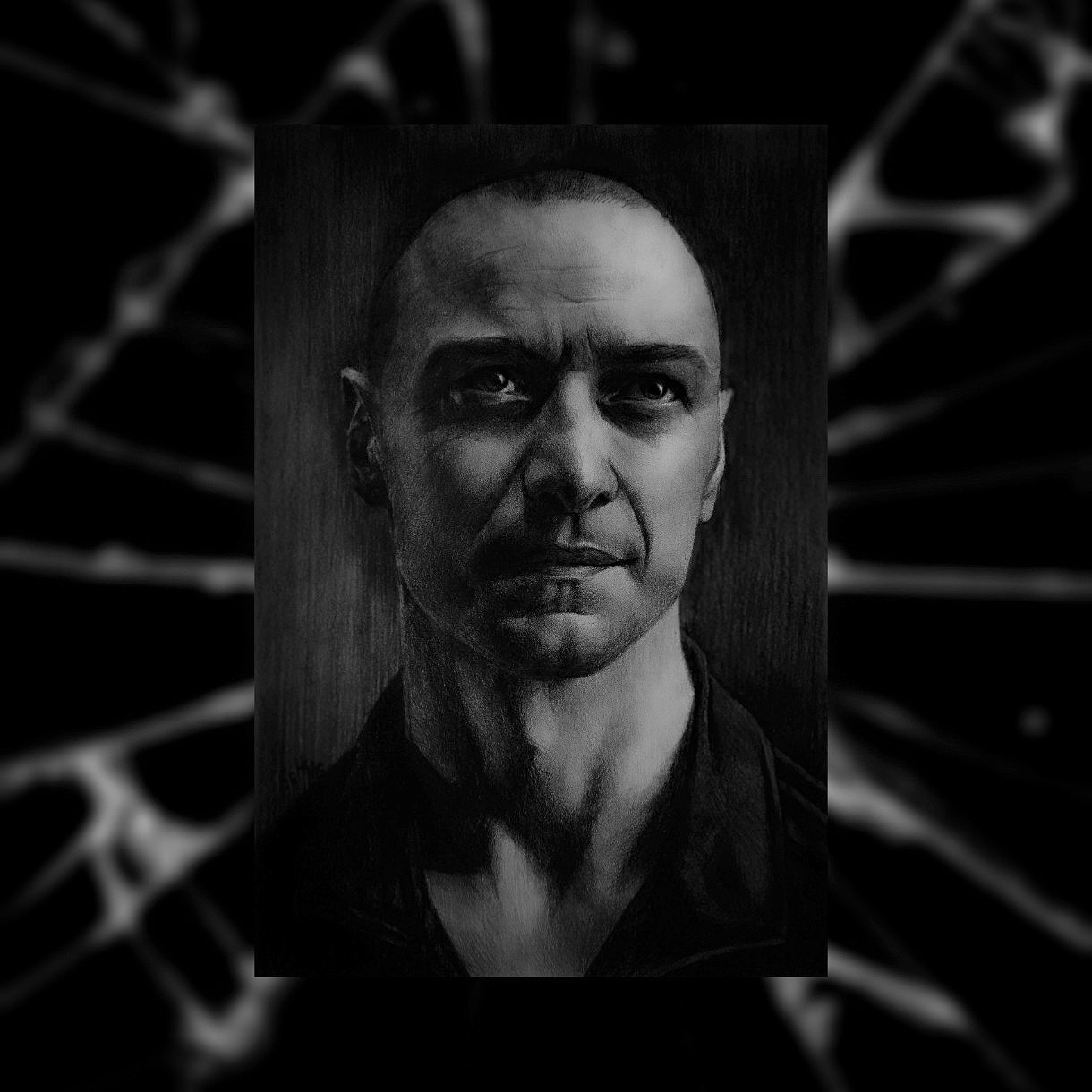 Графический портрет лысого мужчины с напряжённым взглядом