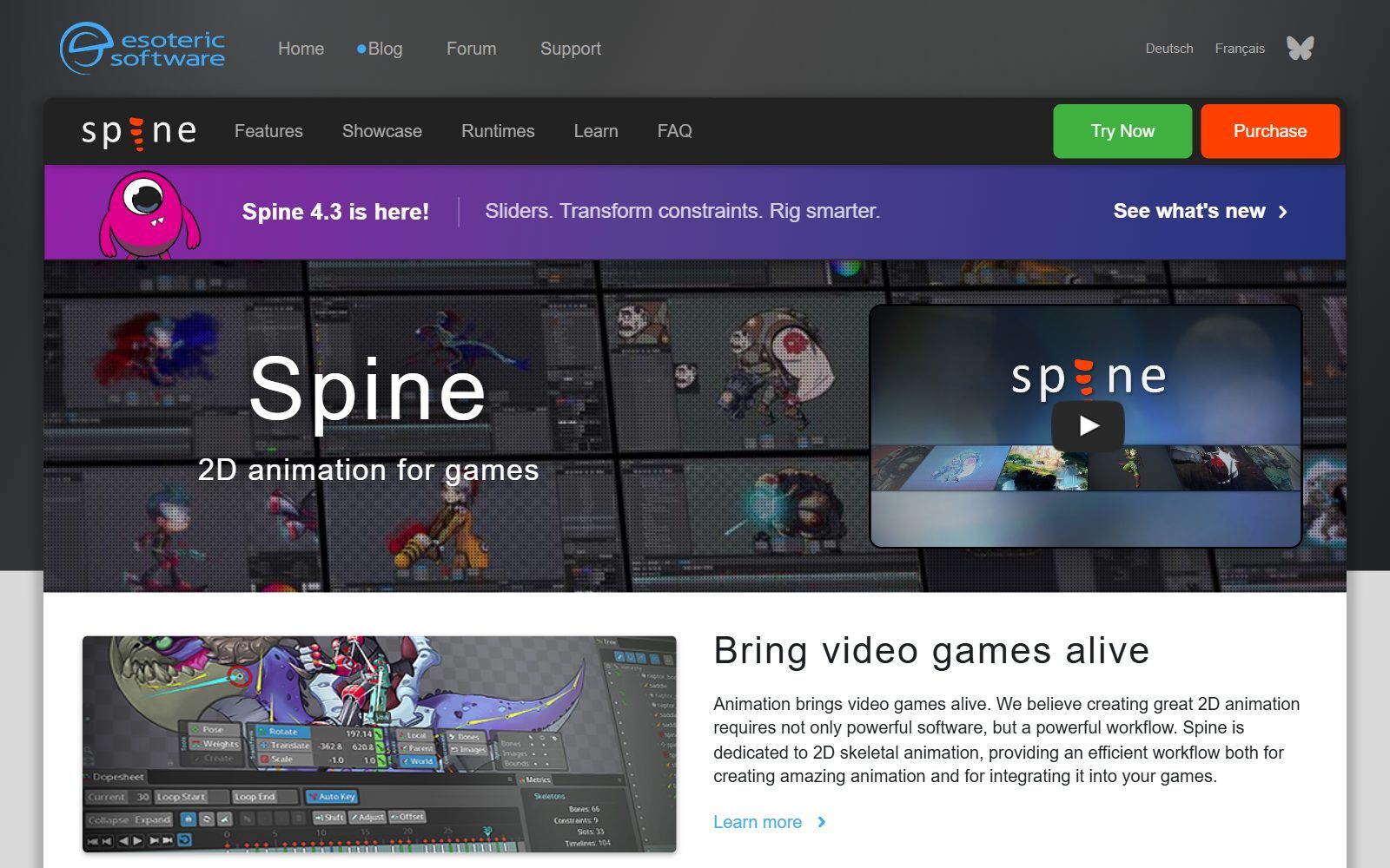 Spine by Esoteric Software homepage screenshot (October 2026)
