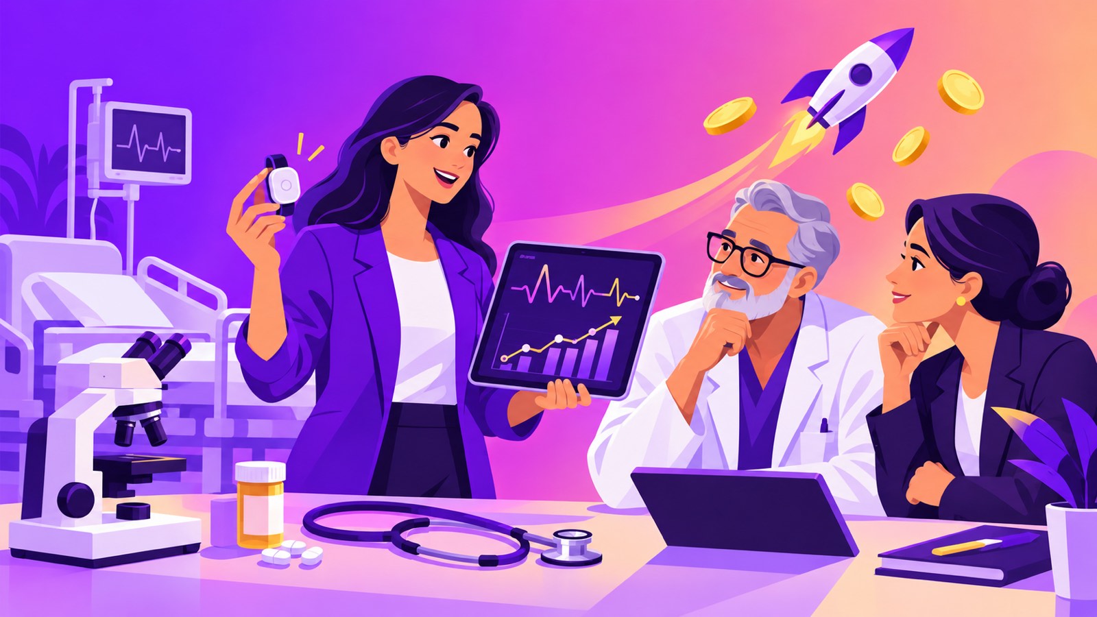 EIT Health funding illustration: a health-tech founder shows a wearable sensor and a heart-rate chart on a tablet to a clinician and an investor, with a microscope, stethoscope and a rocket with coins