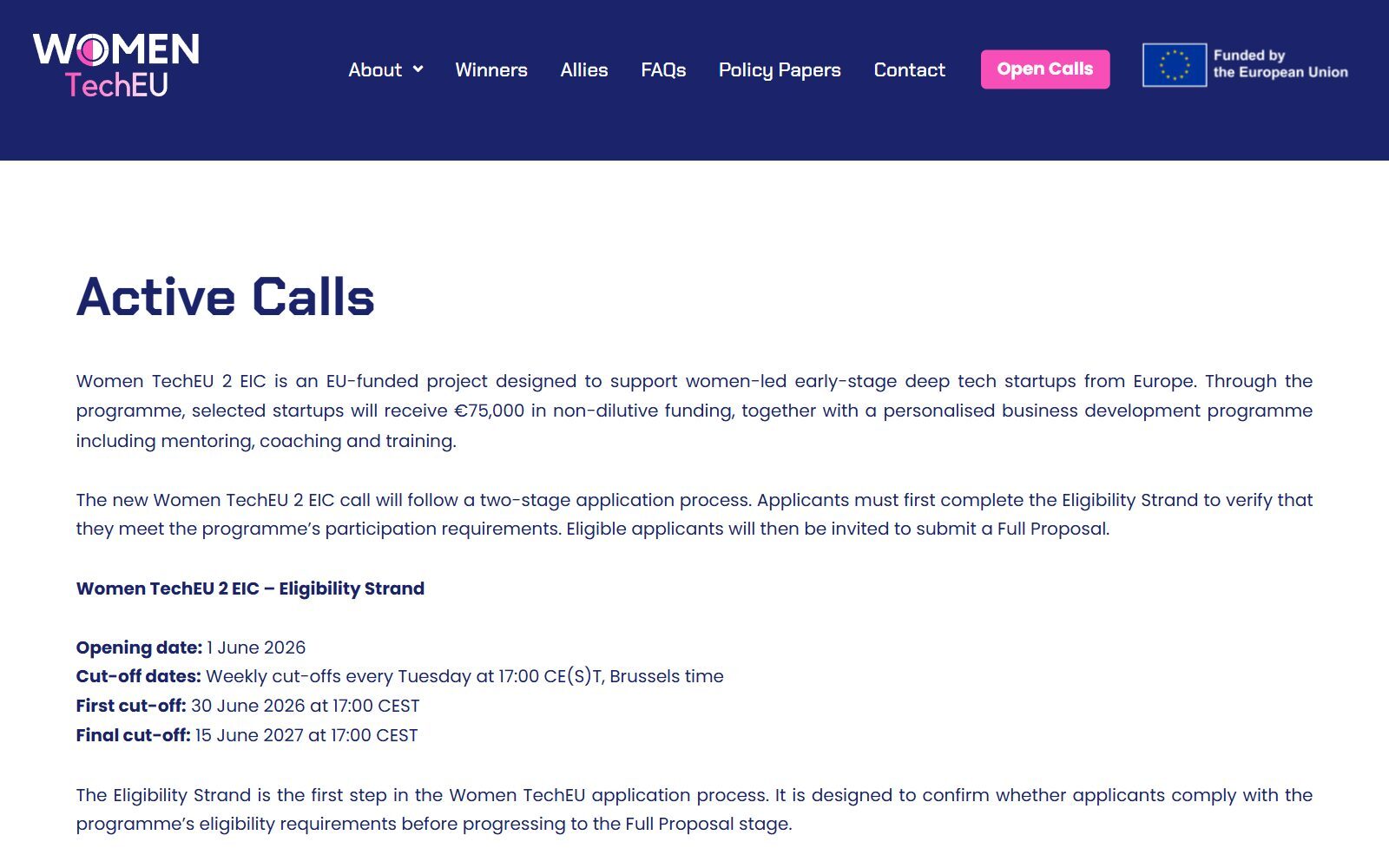 Women TechEU active calls page screenshot (October 2026)