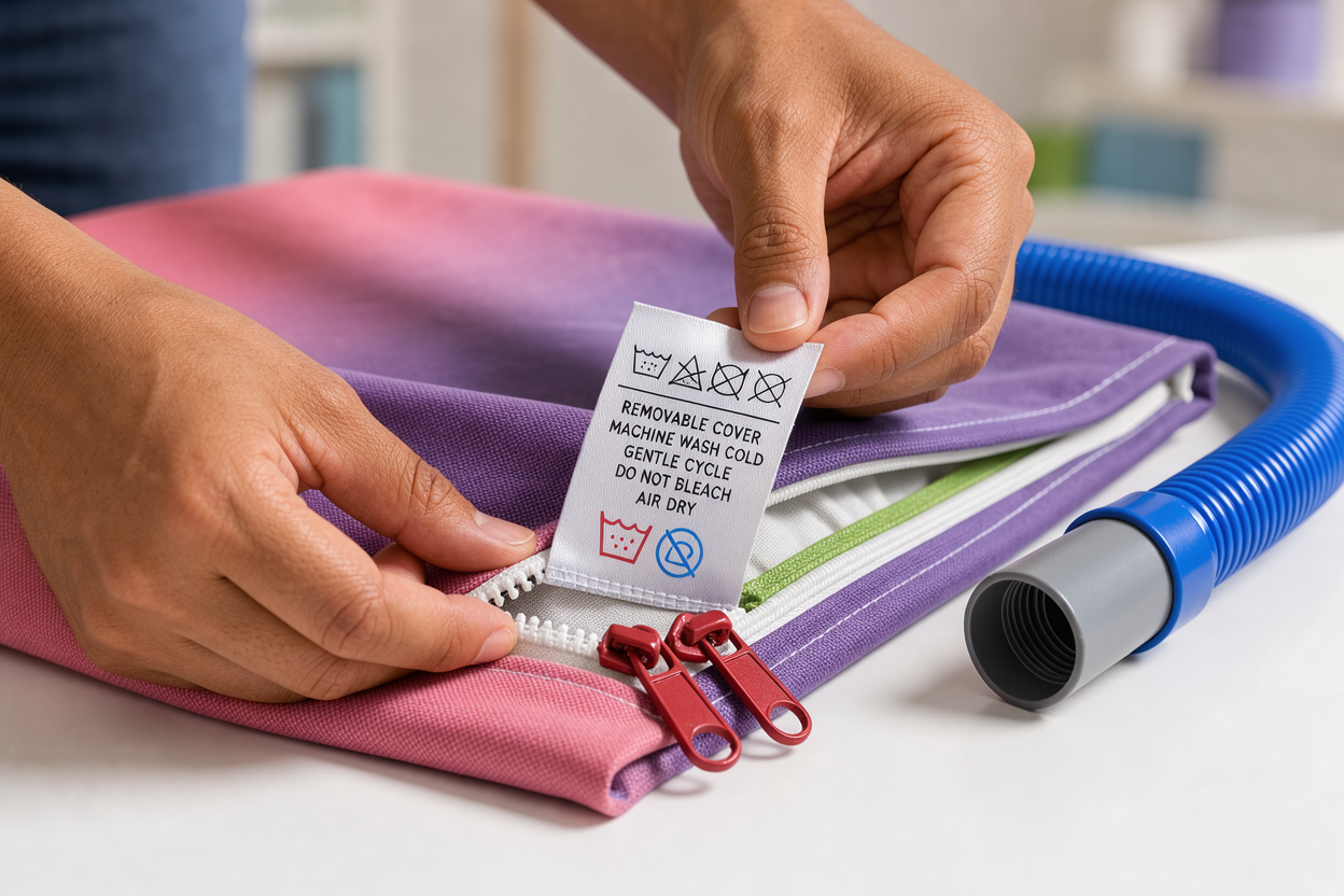 close-up of hands checking a care label on a removable fabric cover and zippers, vacuum cleaner hose nearby, no branded products