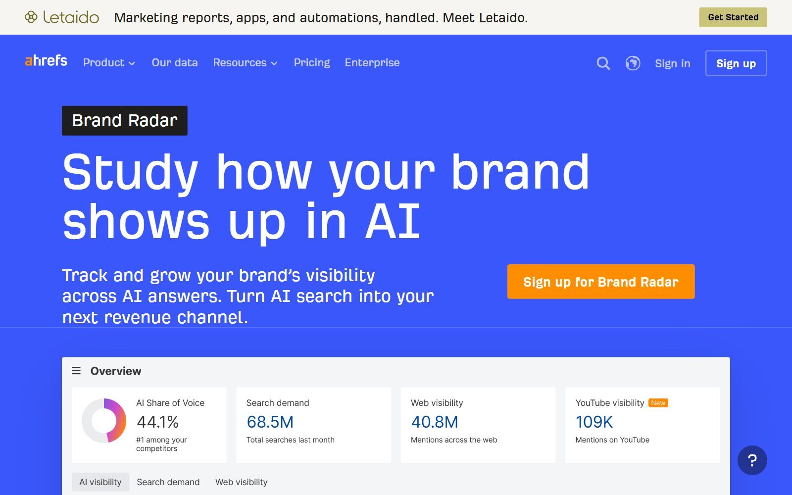 Ahrefs Brand Radar page screenshot: track how your brand shows up in AI answers (October 2026)