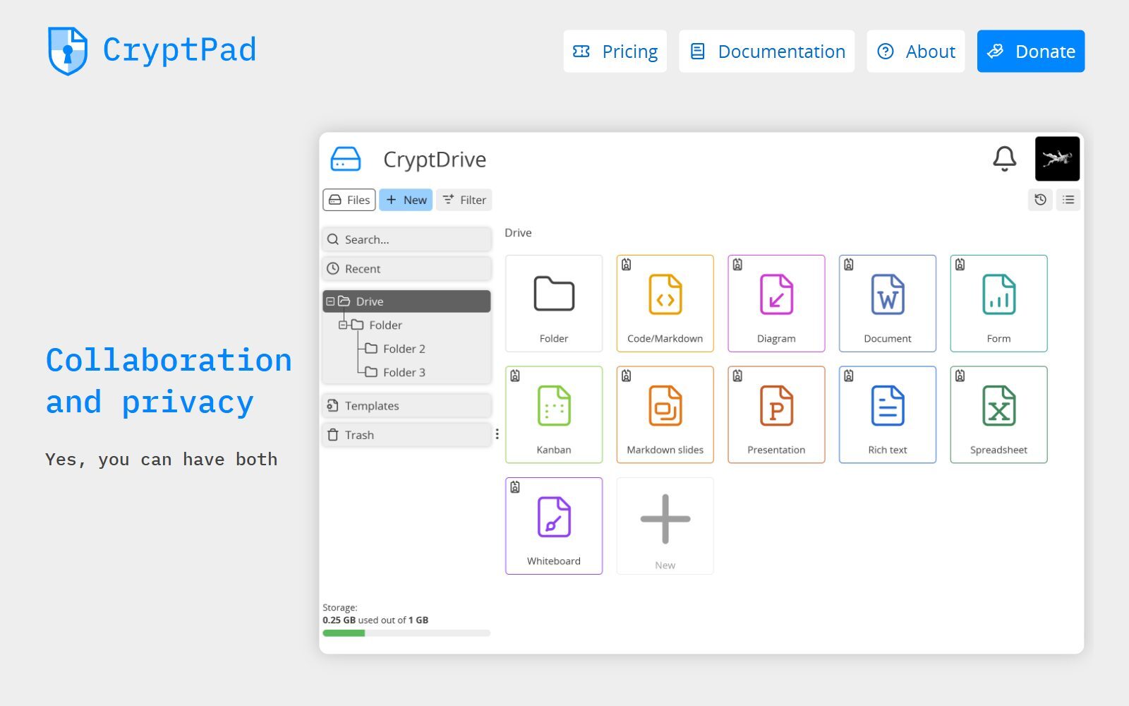 CryptPad with Whiteboard, Diagram and Kanban apps screenshot (October 2026)