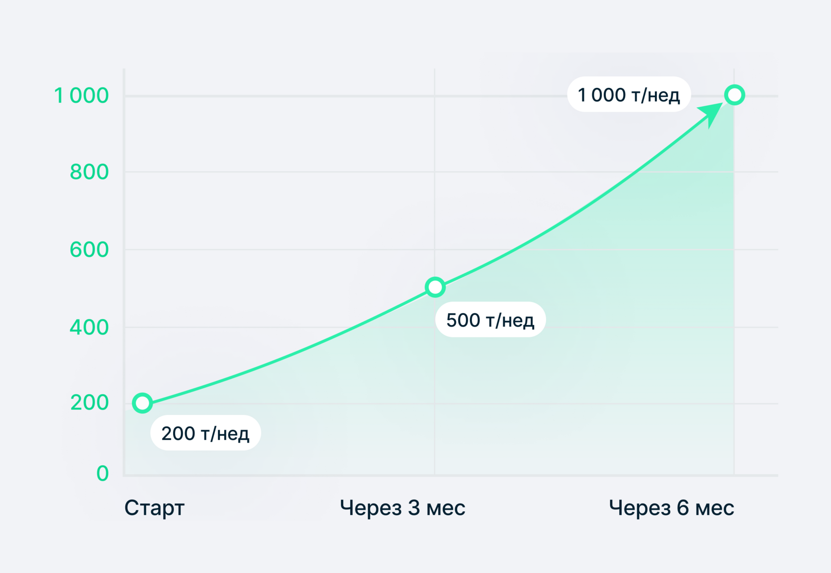 Рост товаропотока: 200 т/нед на старте, 500 через 3 месяца, 1 000 через 6 месяцев