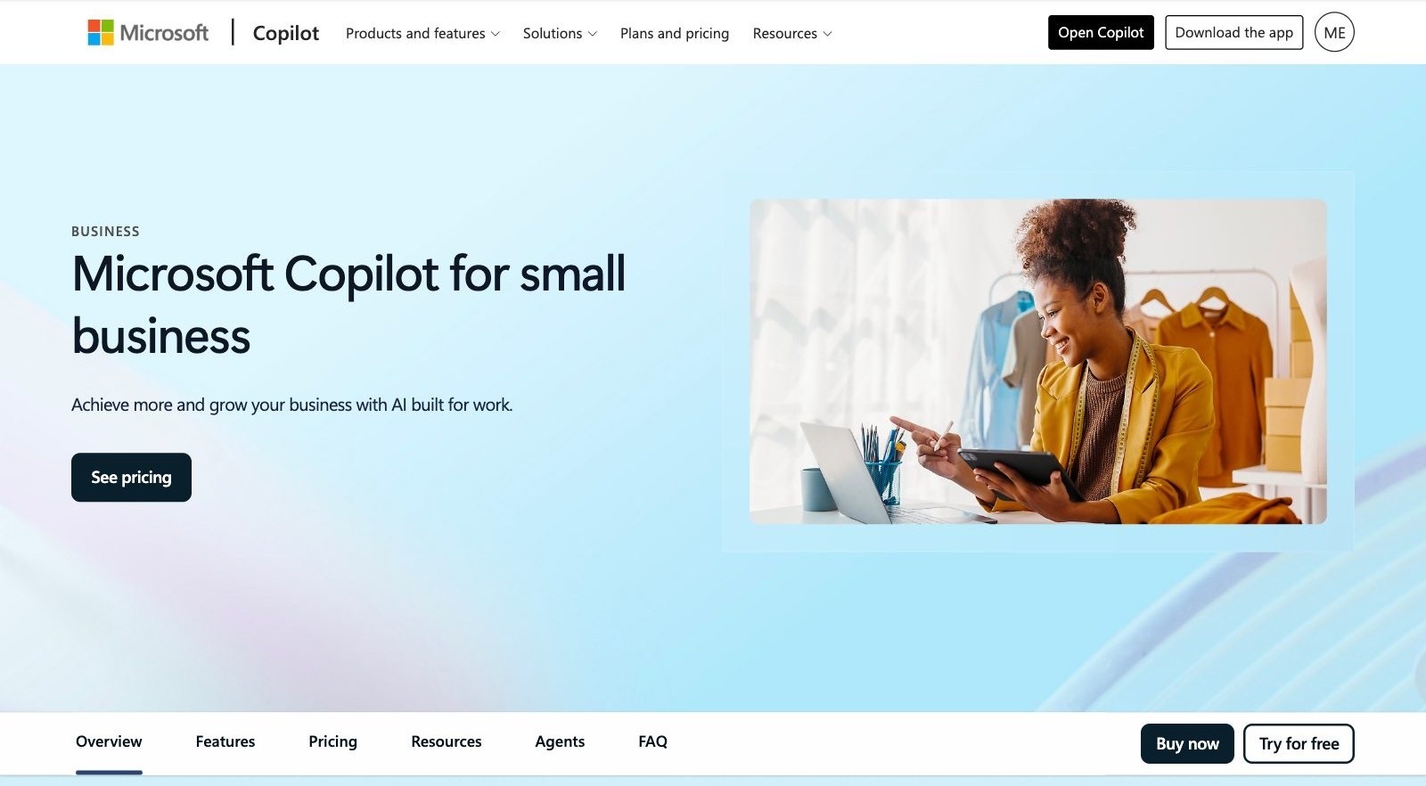 Microsoft 365 Copilot for small business homepage screenshot: AI inside Word, Excel, Outlook and Teams