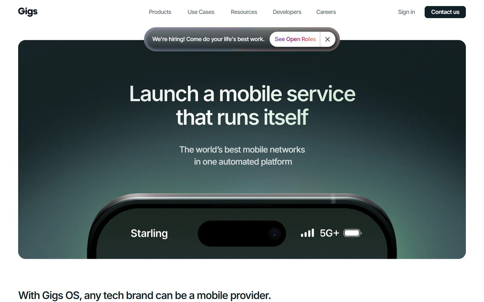 Gigs embedded mobile service platform homepage screenshot (October 2026)