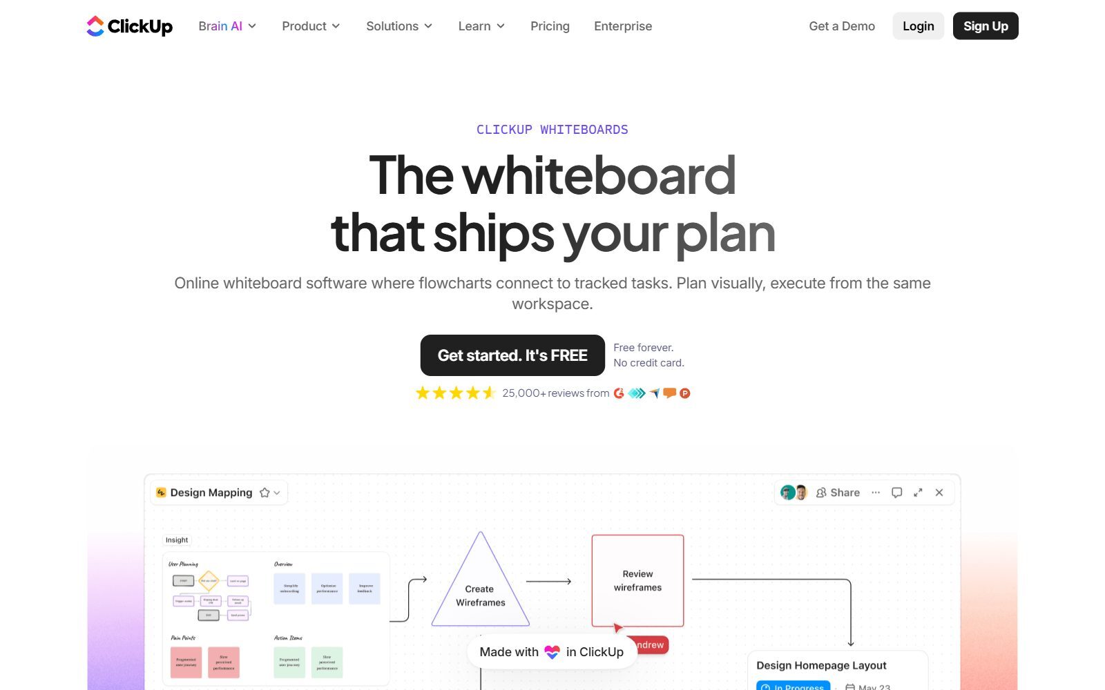 ClickUp Whiteboards page screenshot (October 2026)