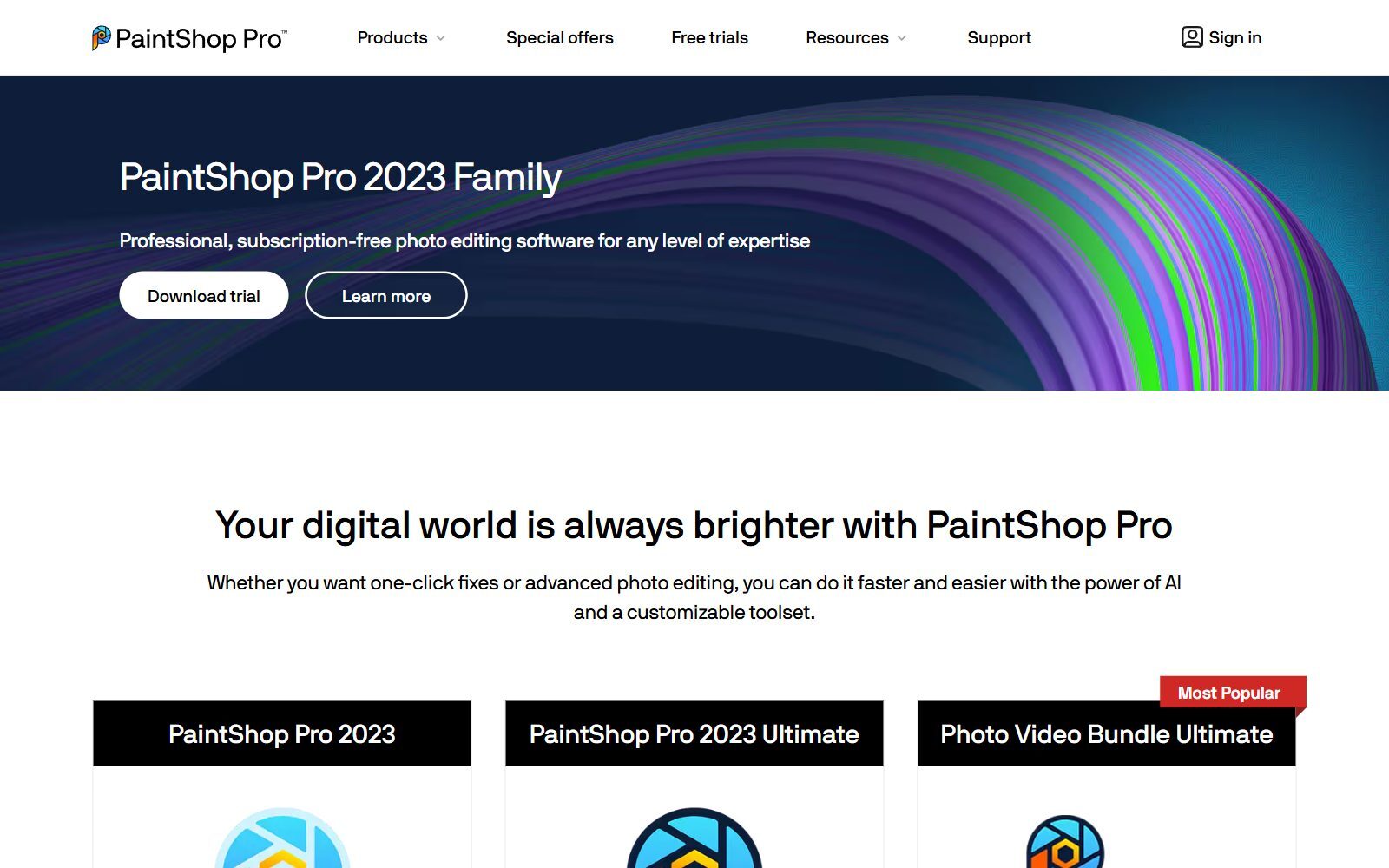 PaintShop Pro 2023 Family product page screenshot (October 2026)